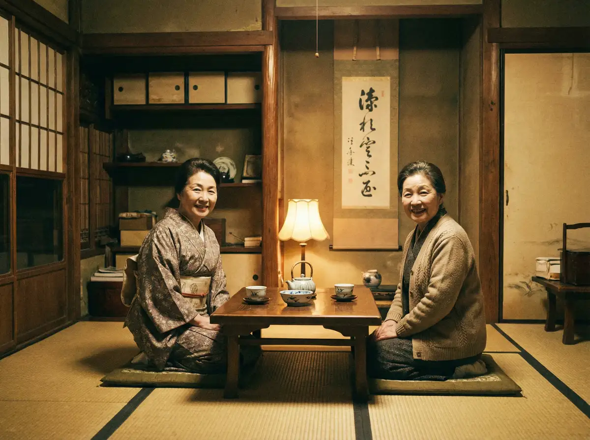 两位优雅的 6T体育 在日式茶室中品茶交谈